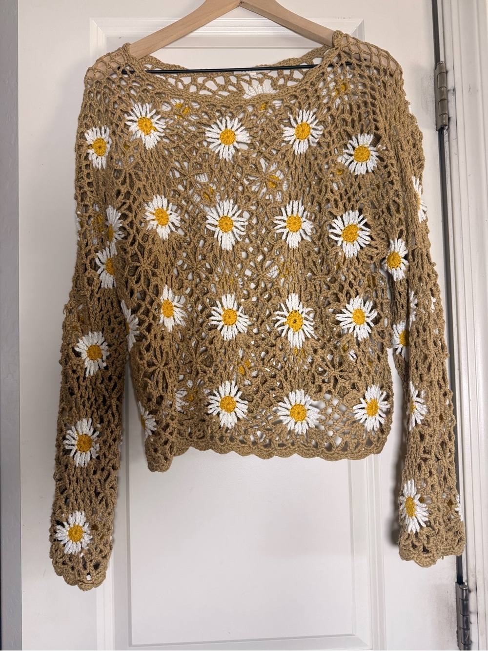 Crochet Daisy Sweater - Tan with White & Yellow Flowers - Picture 2 of 2
